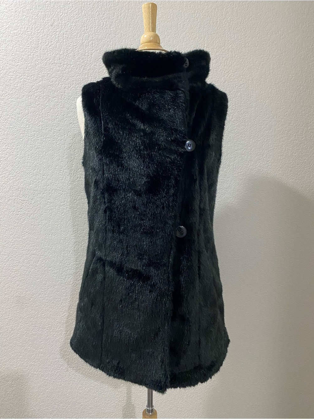Cache Vintage Black Faux Fur Wool Blend Sleeveless Vest with Stand Collar Small